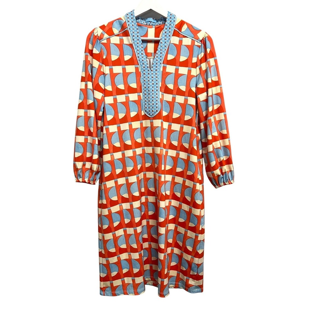 J.McLaughlin Tunic Dress Small Orange Blue Geometric Abstract Split Neck Retro